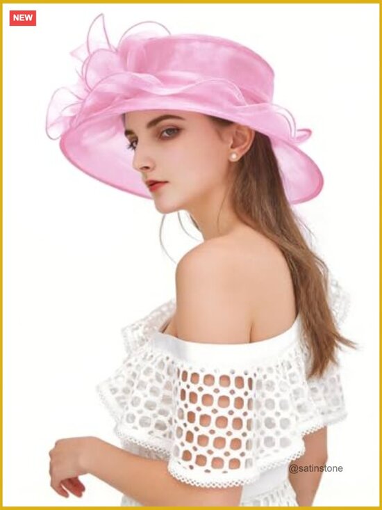 Organza Wide Brim Derby Sun Hat with Flower Fascinator Clip main image 5